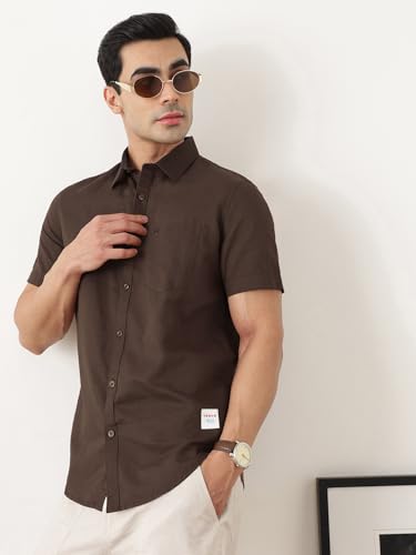 Image of Thomas Scott Men's | Solid | Half Sleeve | Slim Fit | Linen Blend | Spread Collar | Casual Shirt