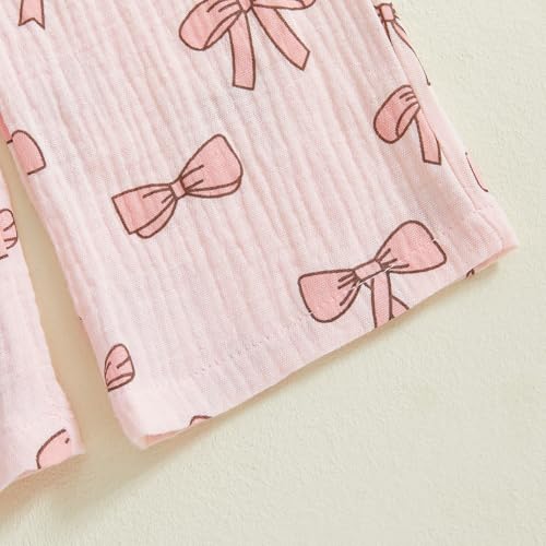 VISGOGO Toddler Baby Girl Outfits Sleeveless Smocked Strap Camisole Linen Pants Bow Baby Summer Clothes (Pink-Bow, 2-3 Years)