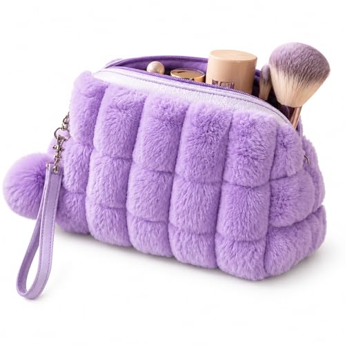 Estojo Necessaire Feminino Pelúcia Pompom Alça Escola Viagem (Lilás)