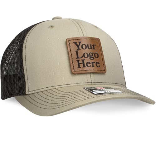 Oowee Products Custom Leather Patch Richardson 112 Trucker Hat, Cotton/Polyester Mesh, Snapback Closure, Handcrafted in USA (12, Khaki/Coffee)