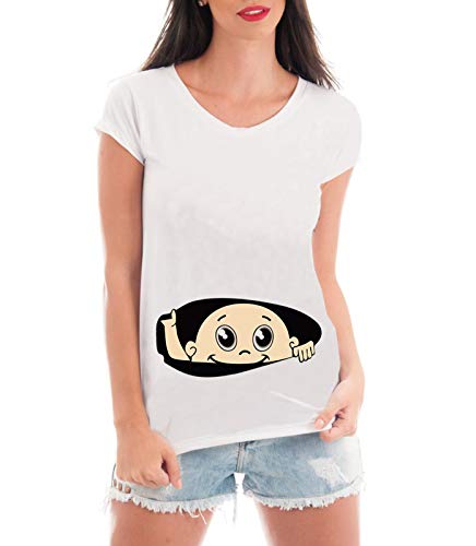 T-shirt Criativa Urbana Gestante Mãe Bebe Espiando Branco G