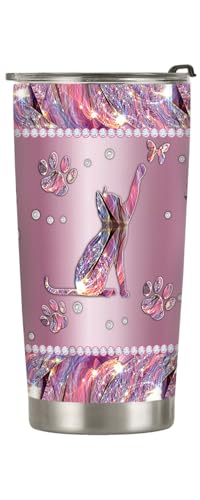 20oz Printed Pink Jewelry Cat Coffee Tumbler, Cat Gifts for Cat Lovers, Coffee Thermos for Women, Pink Cat Tumbler Cup, Stainless Steel Double Wall Vacuum Insulated Travel Coffee Mug with Lid