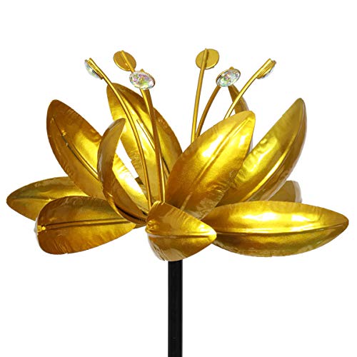 Exhart Triple Lotus Flower Wind Spinners Garden Stake – 3 Metallic Flower Spinners in Colorful Yellow, Blue, and Red Metal Design Spin - Yard Art Décor, 17 by 53 Inches