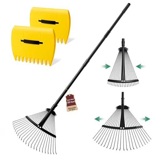 Extra Wide 22-Tines Adjustable Leaf Rake & Leaf Scoops Set, 32-56cm Width Adjustable Metal Garden Lawn Rake for Leaves, Heavy Duty & Lightweight for Flower Bed/Under Shrub/Pine Needle & Narrow Space