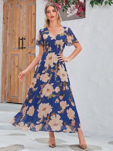 Image of Simplee Women's Boho Floral Maxi Dress Flowy Casual V Neck Short Sleeve Wedding Guest Holiday Beach Long Dress
