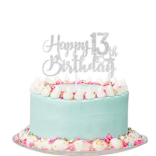 Image of FestikoSilver Glitter Happy 13th Birthday Cake Topper - 13th Birthday Cake Topper, 13th Birthday Party Decoration
