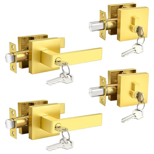 Brotima 2 Pack Gold Exterior Door Lock Set with Deadbolt, Brass Square Front Door Handle Set, Door Levers Single Cylinder Deadbolt Set, Keyed Alike Heavy Duty Keyed Entry Handles Locksets