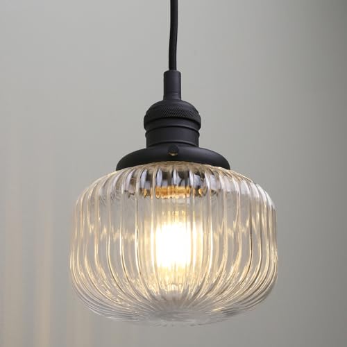 JIMUBEAM Industrial Style Ceiling Pendant Light with Clear Ribbed Glass Lampshade, Retro Rustic Hanging Lamp Fixture for Kitchen Island, Living Room, Bedroom, Hallway
