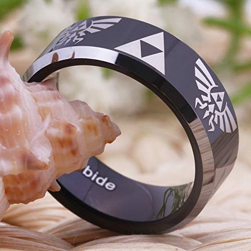 CLOUD DANCER Crest and Triforce Ring Game-Themed Laser Pattern Ring 8mm Width Black with Silver EdgeTungsten Carbide Wedding Bands Ring - FREE Custom Engraving3