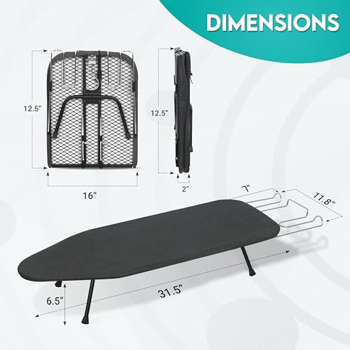 ZOESTORAGE Bügelbrett, Tischbügelbrett mit Bügeleisenablage,Bügelbrett Klein mit 100% Baumwollpad (8 mm), rutschfeste Füße, perfekt für zu Hause oder unterwegs, 80 x 30 cm, schwarz