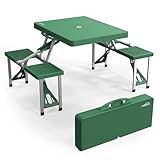 VINGLI 4 Ft Portable Folding Picnic Table Camping Table Foldable Set with 4 Seats with Umbrella Hole Suitcase Card Table-220 Lbs Support Aluminum Frame, Plastic RV Tabletop for Yard, Travel