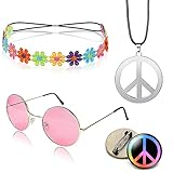 Hippie Kostüm Set, Retro Hippie Accessoires Für Damen Und Herren,Mit Peace Kette Hippie Brille Peace Abzeichen Und Sonnenblumen Haarband 60 Er 70er 80er Jahre Outfit Damen (A)
