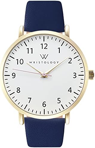 Wristology Numbers Womens Nurse Watch Leather Strap in Gold - Interchangeable Navy Blue Genuine Leather Band Watch - Large Easy Read Analog Watch for Women, Men, Girls, Nurses, Teachers OC047