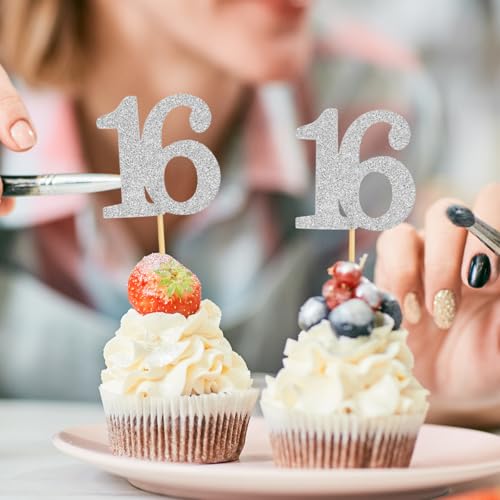 Donoter 50pcs 16th Cupcake Toppers Silver Glitter Number 16 Cake Picks for Birthday Wedding Anniversary Party Decorations by Donoter - Image 4