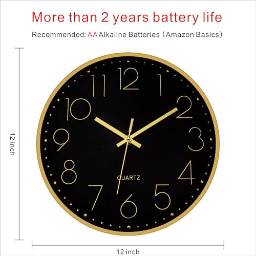 Image of Foxtop 12 inch Black Gold Wall Clock Silent Battery Operated Modern Metal Clock | Non-Ticking, Round, Analog Clock, Quartz, Easy to Read, Living Room, Bedroom, Kitchen, Office
