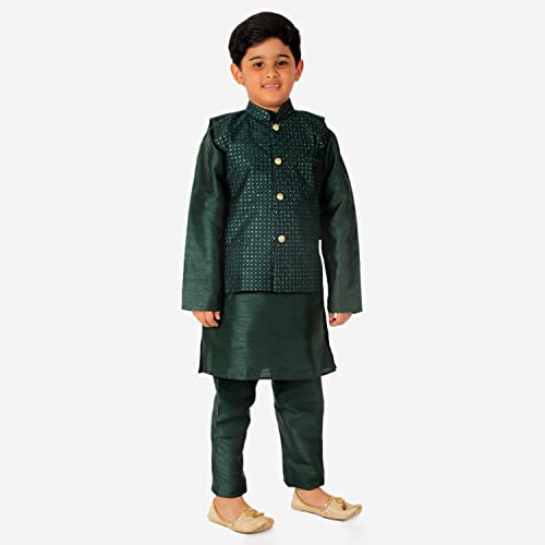 Image of Pro-Ethic Style Developer Kurta Pajama For Kids Boys With Waistcoat | Silk | Floral | Traditional Dress (S-200)