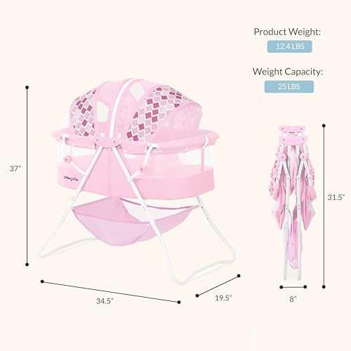 Image of Dream On Me Karley Portable Newborn Bassinet with Double Mesh Canopy, Foldable Travel Bassinet with Storage Basket, Lightweight, Indoor Outdoor Use, Rose