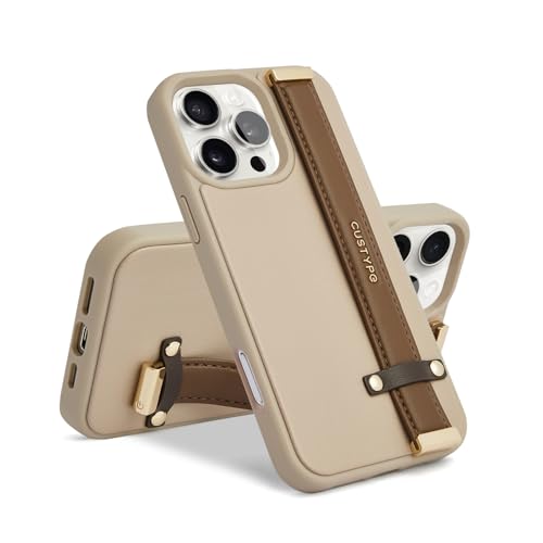 Étui en cuir compatible avec iPhone 16 Pro Max avec dragonne réglable marron pour femme