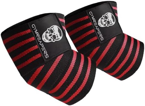 Gymreapers Weightlifting Elbow Wraps (1 Pair) - Flexible 40'' Elbow Compression Strap & Joint Support Brace - For Bench Press, Powerlifting, and Pressing (Red)