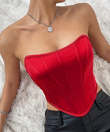Aranmei Women's Satin Corset Top Sexy Backless Strapless Sweetheart Neck Bustier Boned Bodyshaper Party Crop Top,Wine Red,S #TOP3
