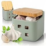 KOOK TIME Bote de ajos cocina con tapa de madera de bambú - Tarro de cocina para guardar ajos, de cerámica con agujeros de ventilación para su conservación óptima - Medidas: 11.5x11.5x11.5 cm