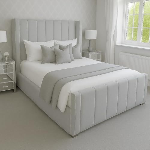 Innovative Luxury Chesterfield Wiinged Bed Frame - Upholstered in Plush Velvet with Mattress/Gas Lift Options - UK Made (Silver Plush, Double 4ft6 Bed Frame)