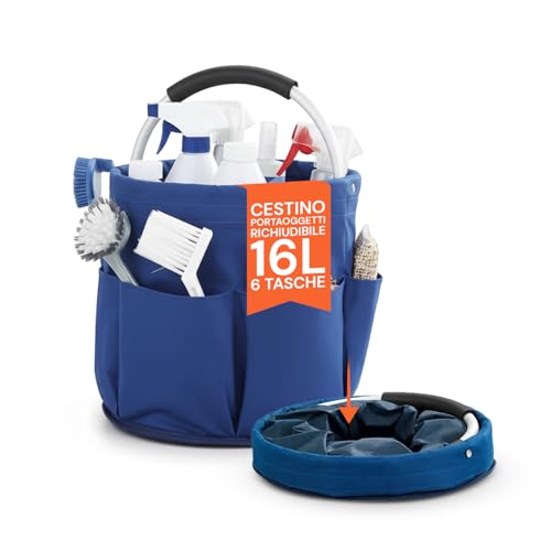 Avilia - Secchio 16 Litri Pieghevole, Organizer 6 Tasche Esterne Porta Detersivi, Cesto Salvaspazio Impermeabile, Pulizie Casa, Lavaggio Auto e Campeggio, Compatto e Robusto