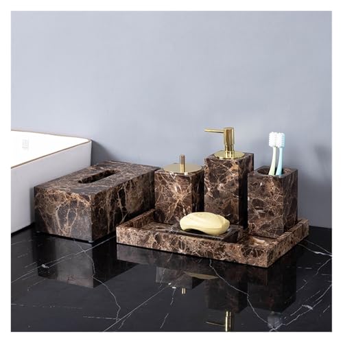AMEEDA Bathroom Accessories Set Brown Natural Marble Bathroom Accessories Luxury Marble Soap Dispenser Toothbrush Holder Soap Dish Tray Set for Bathroom(Gold-Bottle) - Image 4
