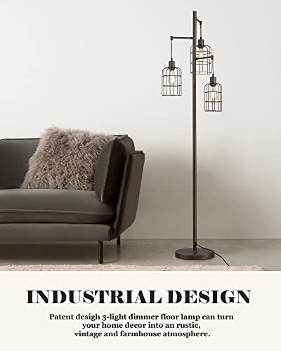 Upgraded Stepless Dimmable Tree Floor Lamp, 3 Led Edison Bulbs Included, Elyona Farmhouse 71” Tall Pole Reading Standing Light With Industrial Cage Metal Shade For Bedroom, Living Room, Office, Bronze #TOP7