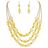 Firstmeet 3-Layer Mother of Pearl Beads Necklace with Earrings Shell Beads Pendant Jewelry for Women (XL-1085-Yellow)