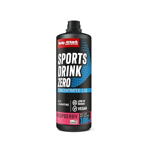 Body Attack Zero Sports Drink Himbeere 1000 ml / 200 Portionen - Made in Germany - Energy Drink Konzentrat - Veganer Sirup zuckerarm, fettarm - Für Softdrinks mit Vitaminen & Mineralstoffen