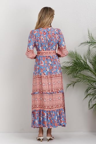 Image of Women Boho High-Waist Floral Print Maxi Dress 3 /4 Sleeve Casual | Soft Rayon, Breathable, Quick-Dry. High-Waist with Adjustable Belt, Flattering Hem. Ideal for Beach, Work & Dating.