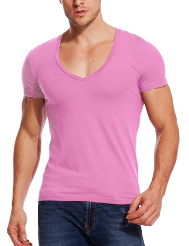 Zecmos Deep V Neck T Shirts Men Vneck Tshirt Low Cut Undershirt for Man Slim Fit Short Sleeve Tees Pink M