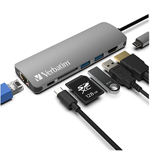 Image of Verbatim 6-in-1 USB C Hub Adapter with Dongle - 100W Power Delivery, USB 3.0 Ports, SD Card Readers, 3.5mm Audio Port for USB C Laptops