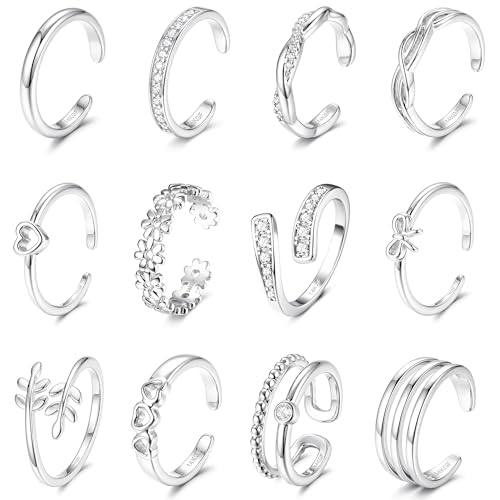 Krfy 12 Stück 14k Gold Gefüllte Zehenringe Für Damen Offene Verstellbare Zehenringe Set Mit Blume Herz Schleife CZ Dreireihige Wasserfest Fußschmuck Für Sommer Und Strand-Silber