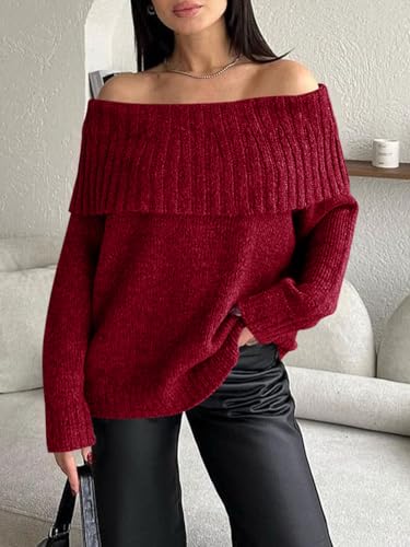 Image of Saodimallsu Womens Off The Shoulder Sweaters Oversized Long Sleeve Loose Ribbed Knit Fall Trendy Pullover Tops