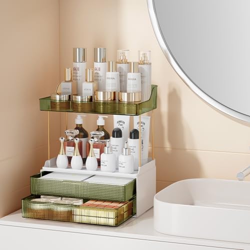 Bathroom Countertop Organizer with 2-Drawer, 3 Tier Makeup Organizer for Vanity, Large Multi-Purpose Makeup Skin Care Organizer for Vanity, Dark Green