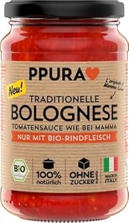 PPURA Bio Bolognese mit Rindfleisch 340g – Traditionelle Bolognese Sauce mit 100% Bio-Rindfleich, Pasta Sauce mit 100% natürlichen Zutaten, ohne Zucker & Zusatzstoffe – Made in Italy