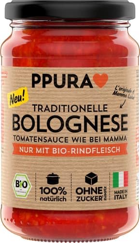 PPURA Bio Bolognese mit Rindfleisch 340g Traditionelle Bolognese Sauce mit 100% Bio-Rindfleich Pasta Sauce mit 100% natürlichen Zutaten ohne Zucker & Zusatzstoffe Made in Italy