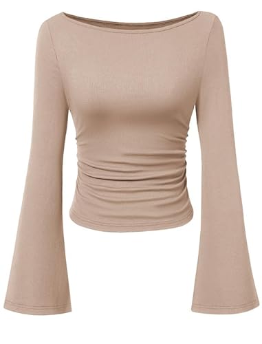 Sukiglam T-Shirts à Manches Longues Femme Chic et Elegant Haut Col Bateau Côtelé Moulant Top Manche Evasées Tee Shirt Basique Automne Hiver Plis Latéraux Chemisiers Tendance Blouse Idéal Jean ou Jupe