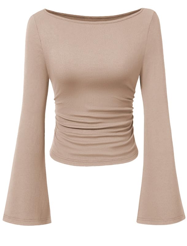 Sukiglam Camiseta Mujer Manga Larga Elegante Cuello Barco Top Ajustado de Punto Canalé Básico Elástico Camisetas Mangas Campana Casual Suave Blusa Cómoda Sexy T-Shirt para Otoño/Invierno