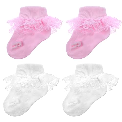 Pink & White Ruffle Socks Double Lace Ruffled Ankle Socks for Girls 2 Pairs Princess Eyelet Frilly Baptism Dress Sock Soft Newborn Sock for Autumn Winter Cute Photo Shoot Party Outfit Accessory