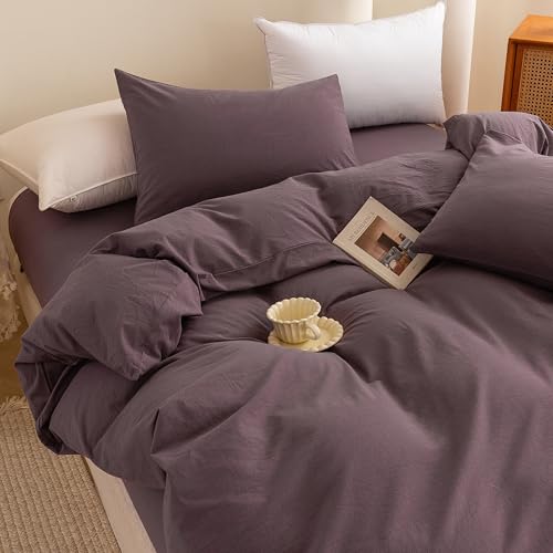 Image of ECOCOTT Duvet Cover Set, 100% Washed Cotton Linen-Like Textured Soft & Breathable, Durable Comfy Bedding Set for All Seasons Oversized Queen Size, Lilac Purple