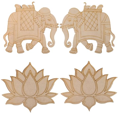 Aumni Crafts Pre-Marked Laser Cut MDF Cutouts 6x5.5 Inch (1 x Elephant Set + 2 x Lotus) 3mm Thick Wood Shapes Bases for DIY Painting Decoration Arts Wall Hanging Gifts