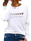 Hilinker Women's Long Sleeve Tops Graphic Tee Casual Loose Crew Neck T Shirts White Heart Medium