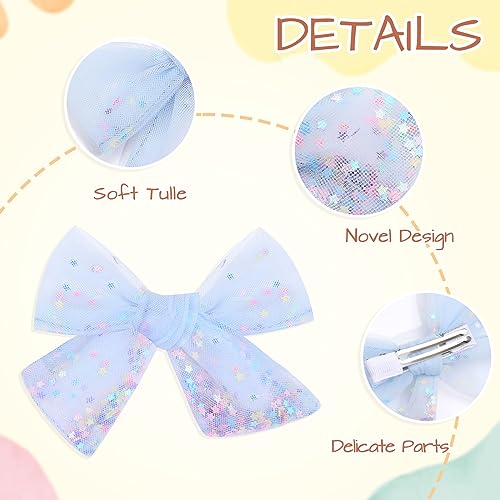 6 PCS Tulle Hair Bows for Girls, CN Toddler Bows with Glitter Star Alligator, Colorful Hair Barrettes Wedding Hair Accessories for Baby Girls Infants Toddler Teens Party (Type D)