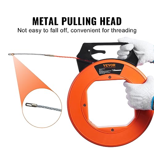 VEVOR Fish Tape, Non-Conductive, Easy-to-Use Cable Puller Tool with Optimized Housing and Handle for Flexible Wire Fishing in Walls and Electrical Conduit, 3/16-inch PET Fish Tape