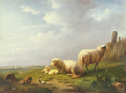 Impression sur toile moutons et poules paysage déco murale 60x90