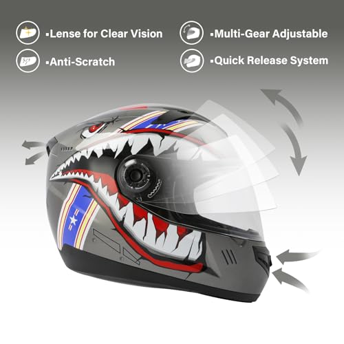 TCT-MOTORPARTS DOT Youth Helmet Kids Motocross ATV Helmet Full Face Helmets for Offroad Street Dirt Bike Go-Kart BMX MX Gray Shark Mouth Large - Thumbnail 4