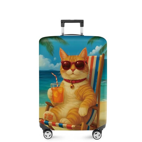 ANNA QUEEN Summer Cat Luggage Cover, Cat in Sunglasses with a Beach Drink, Stretchable, Washable Travel Protector for 28-30 Inch Suitcases